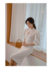High Neck Puff Pleated Sleeves Cutout Detail Dress