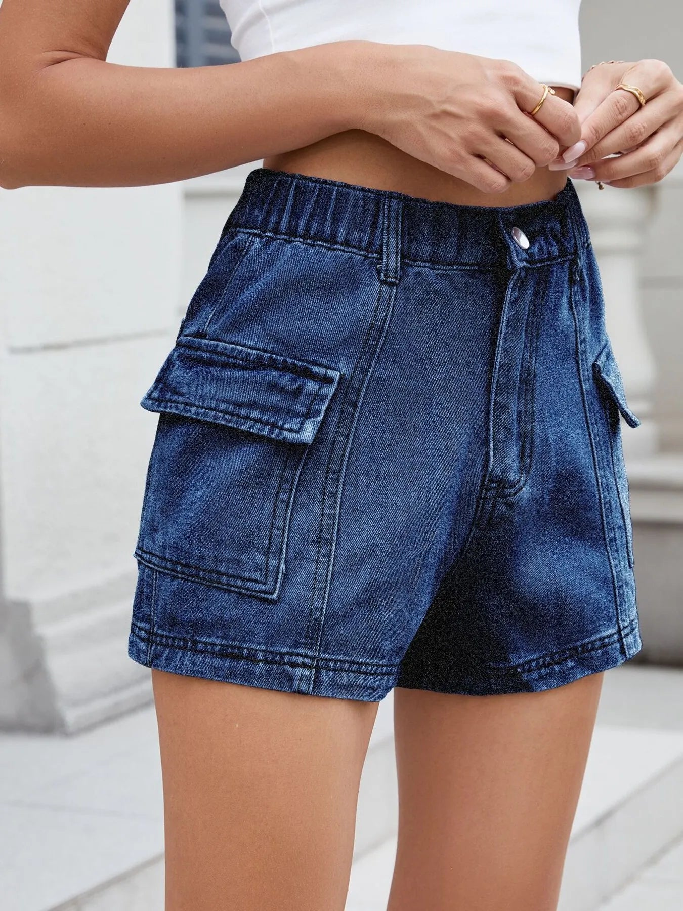 High Waist Cargo Denim Shorts