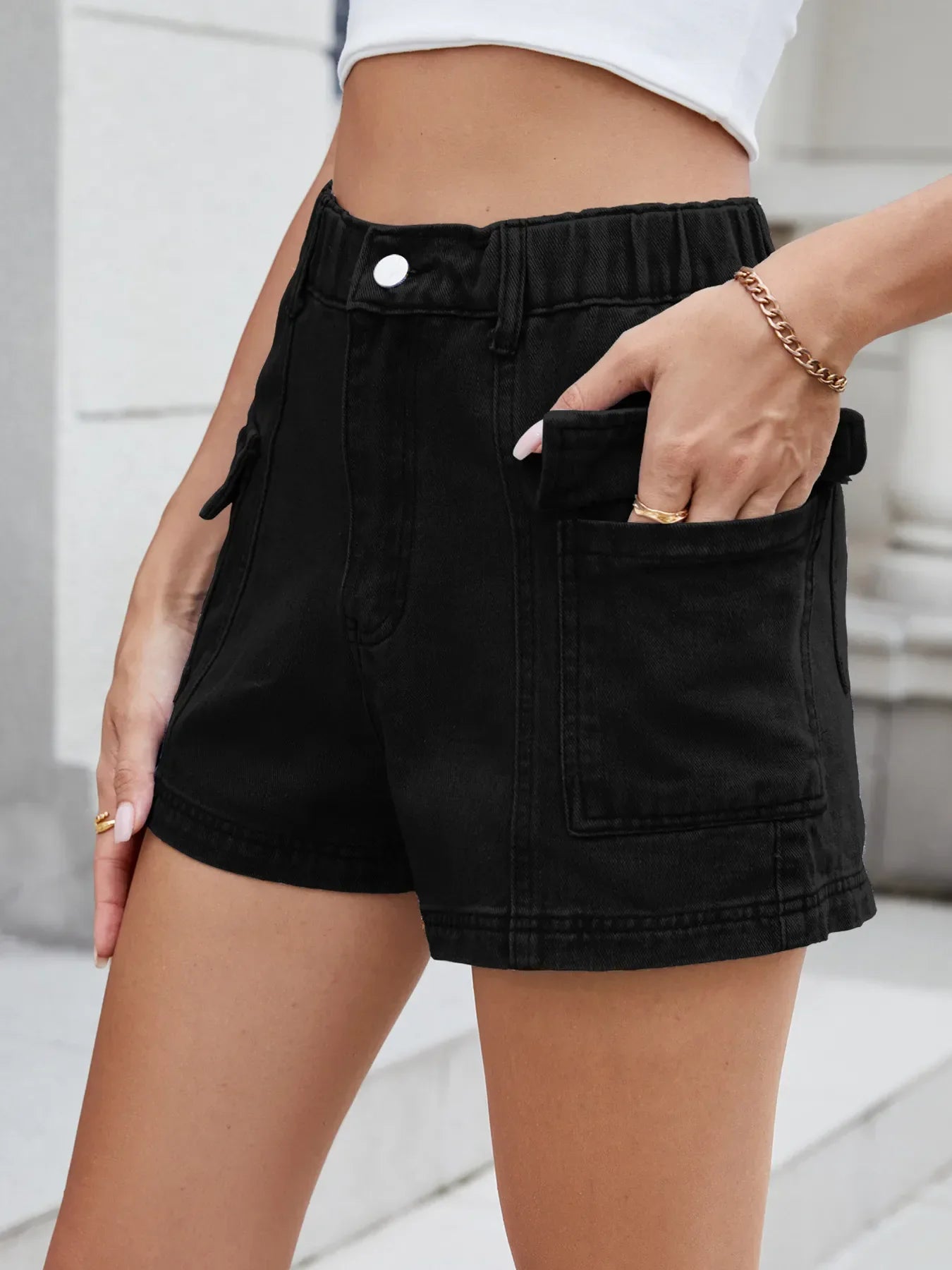 High Waist Cargo Denim Shorts Black / S