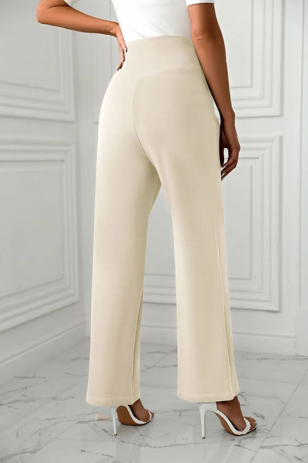 High Waist Straight Leg Pants Beige / S