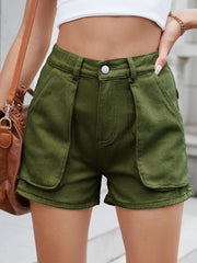 High Waist Utility Pocket Denim Shorts Army Green / S