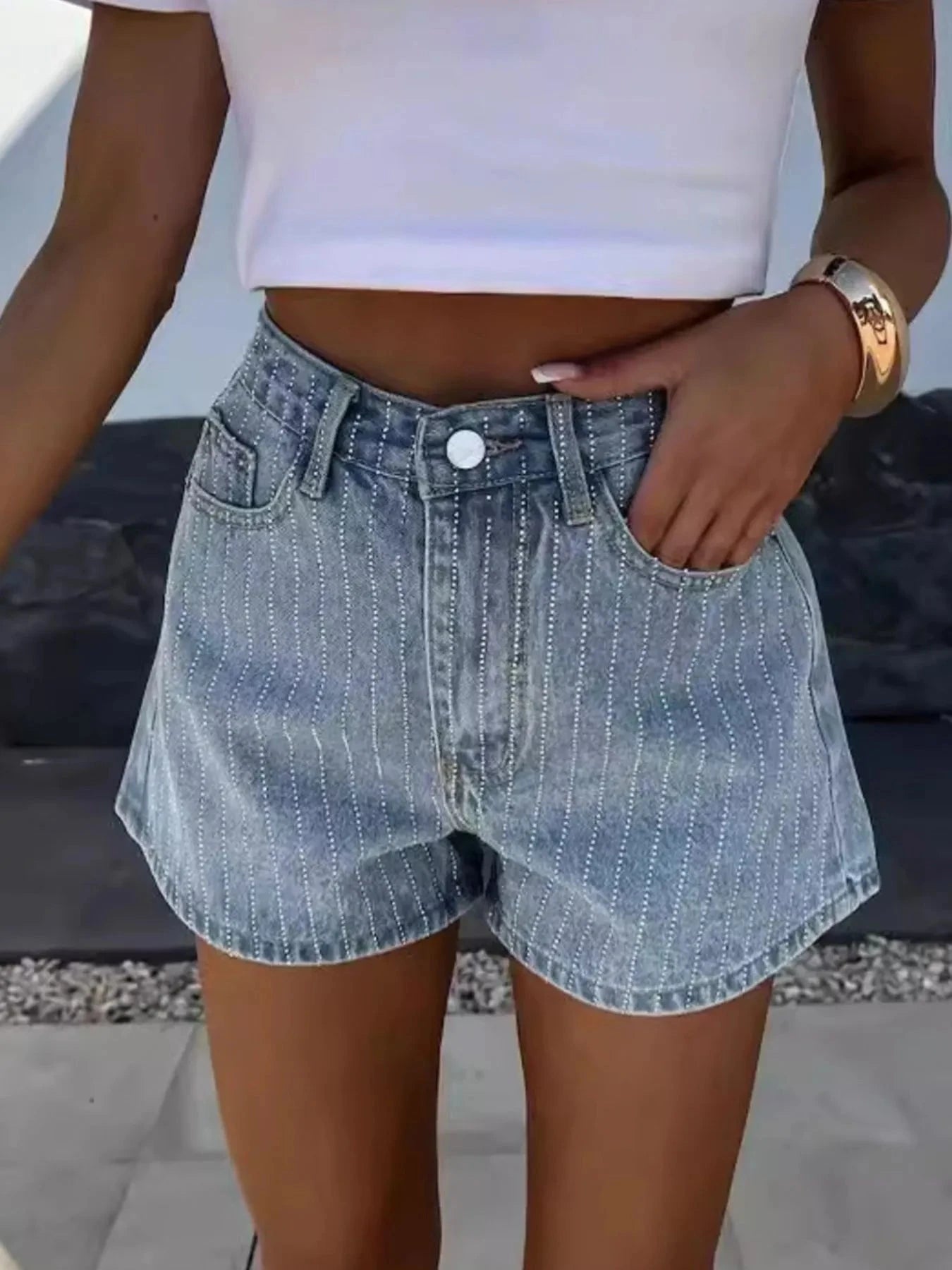 High Waist Wash Denim Shorts Denim Blue / S