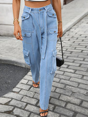 High-Waisted Multi-Pocket Cargo Jeans Indigo / S