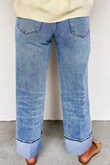 High-Waisted Wide-Leg Cuffed Jeans