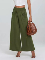 High-Waisted Wide Leg Pants with Pockets Green / S