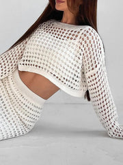 Hollow Out Long Sleeve Top and Skirt Knit Set