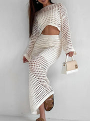 Hollow Out Long Sleeve Top and Skirt Knit Set