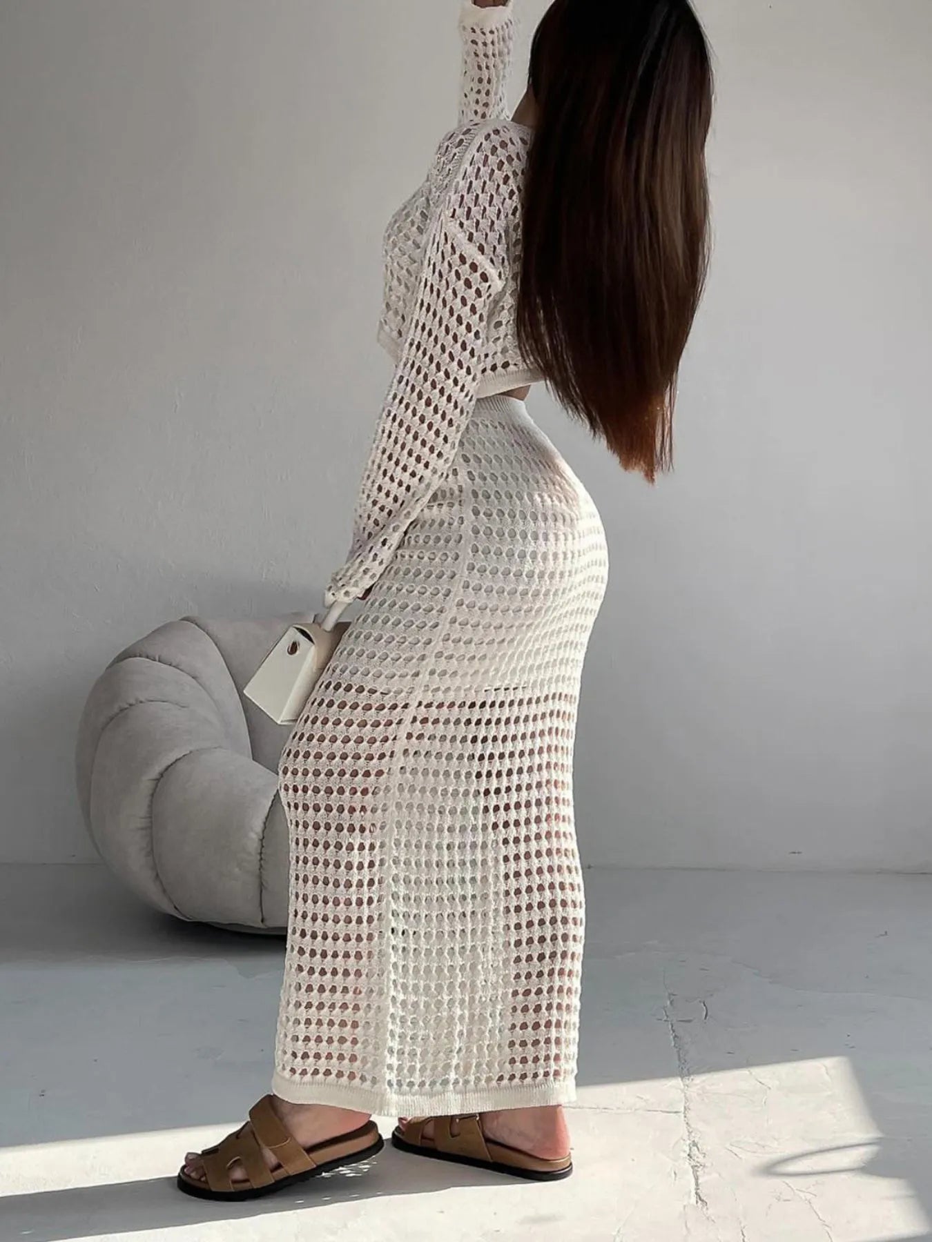 Hollow Out Long Sleeve Top and Skirt Knit Set