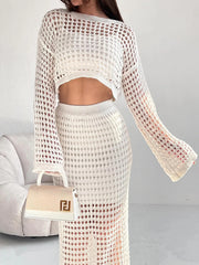 Hollow Out Long Sleeve Top and Skirt Knit Set