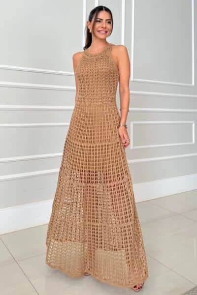 Hollowed-Out Sleeveless Maxi Dress Ochre / S