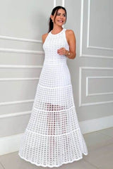 Hollowed-Out Sleeveless Maxi Dress White / S