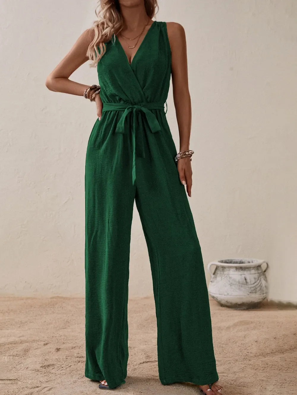 Honey Tied Surplice Sleeveless Wide Leg Jumpsuit Dark Green / S