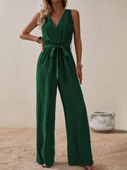 Honey Tied Surplice Sleeveless Wide Leg Jumpsuit Dark Green / S