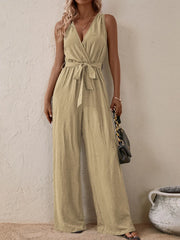 Honey Tied Surplice Sleeveless Wide Leg Jumpsuit Tan / S