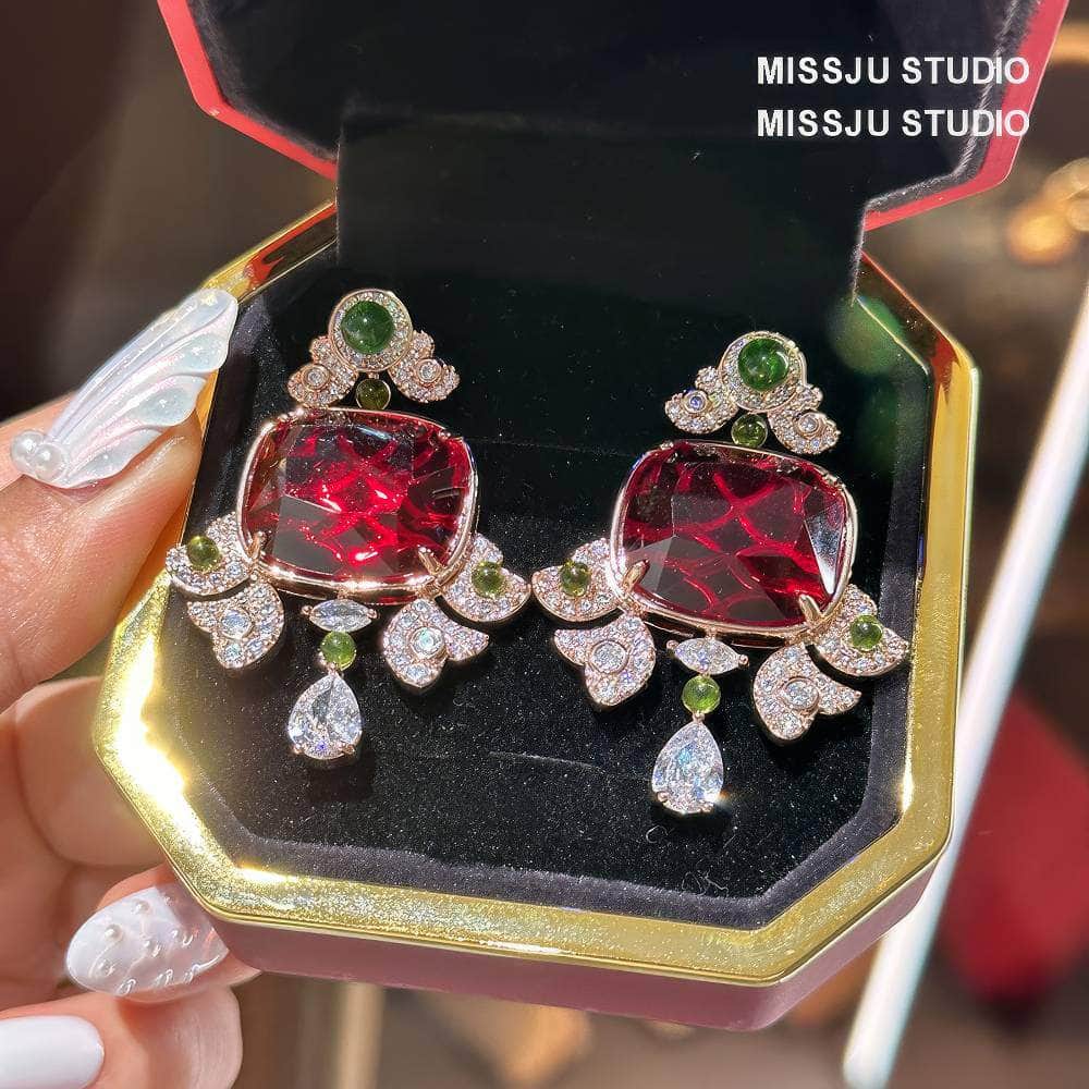 Honeycomb Ruby Rhinestone Studded Statement Earrings Multicolor