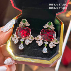 Honeycomb Ruby Rhinestone Studded Statement Earrings Multicolor