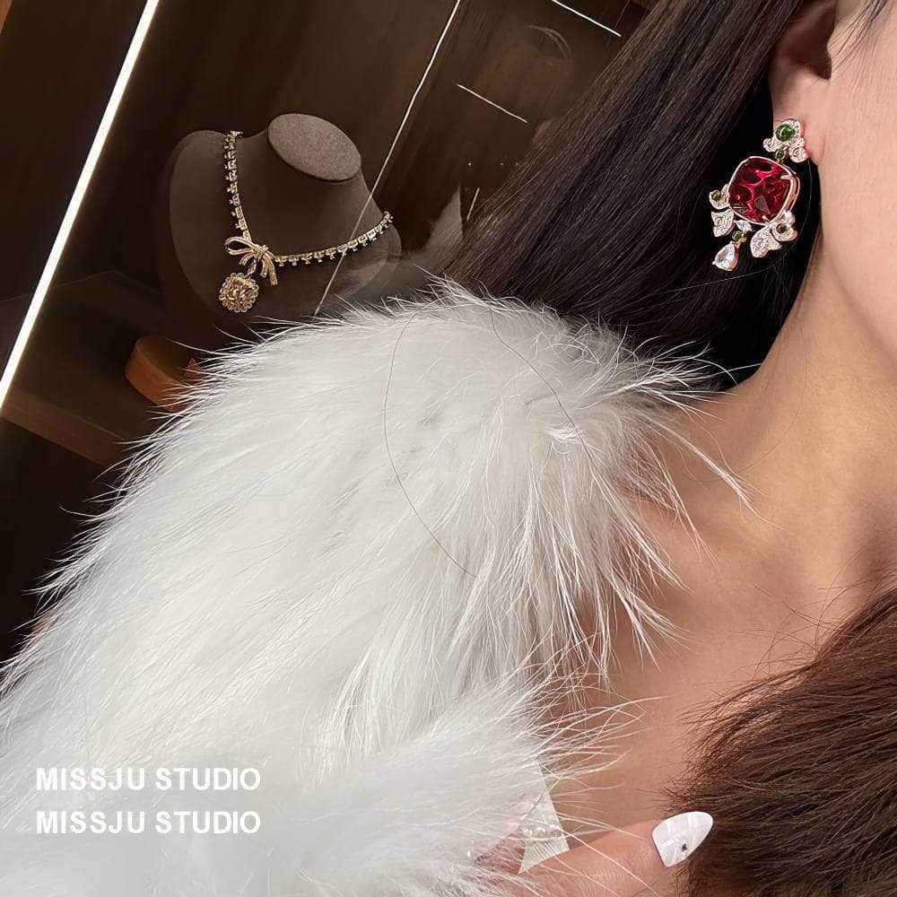 Honeycomb Ruby Rhinestone Studded Statement Earrings Multicolor