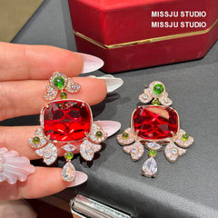 Honeycomb Ruby Rhinestone Studded Statement Earrings Multicolor