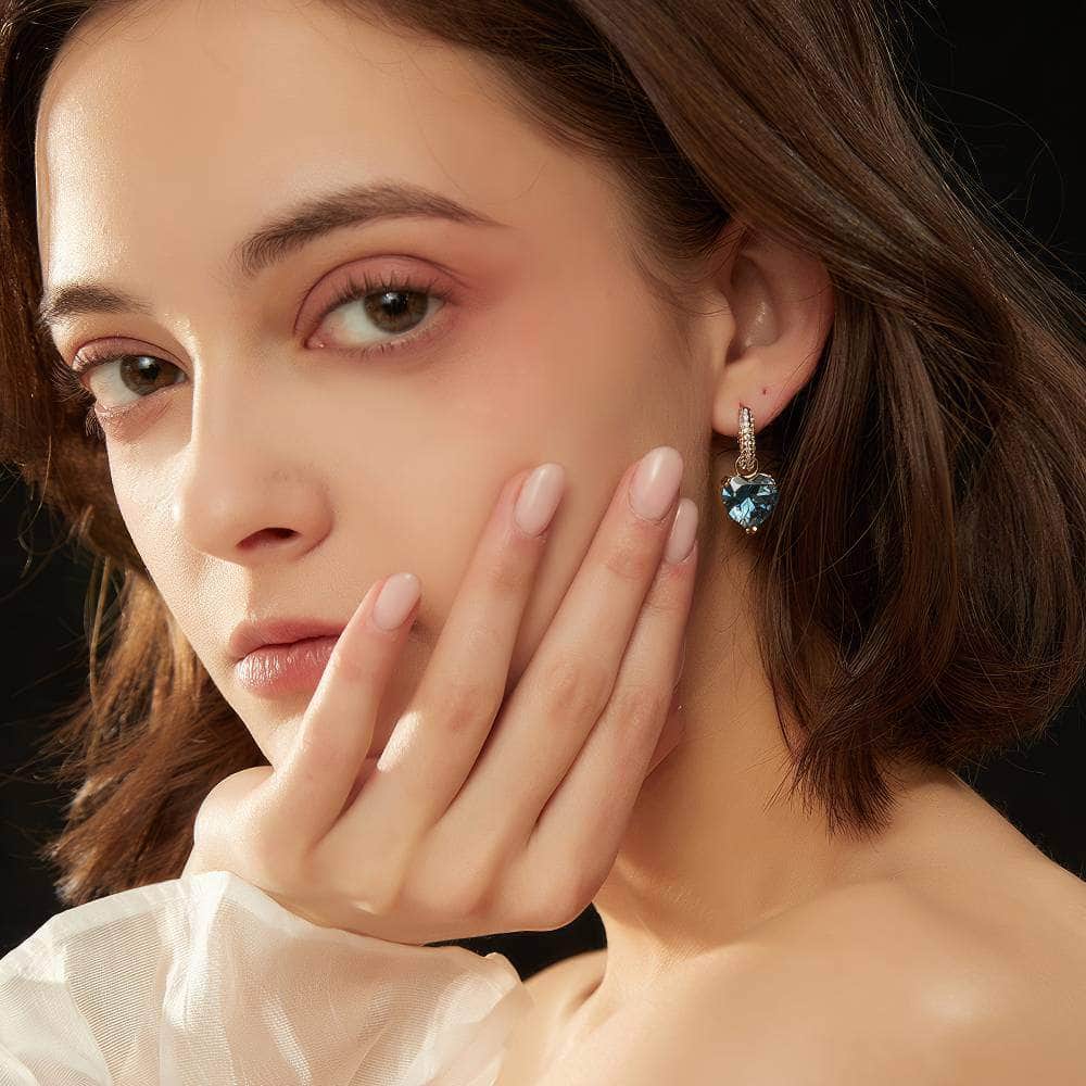 Hoop Rhinestone Dangle Heart Gemstone Gold Earrings Blue