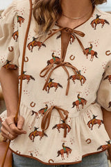 Horse Print Tie-Front Peplum Blouse