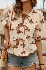 Horse Print Tie-Front Peplum Blouse Beige / S