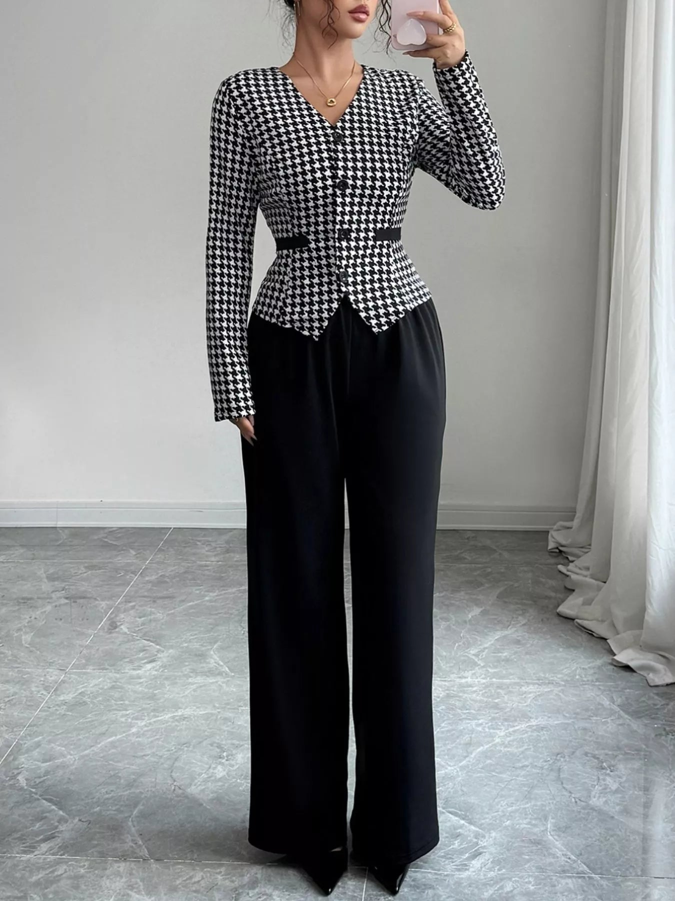 Houndstooth Blazer & Wide Leg Pants Set