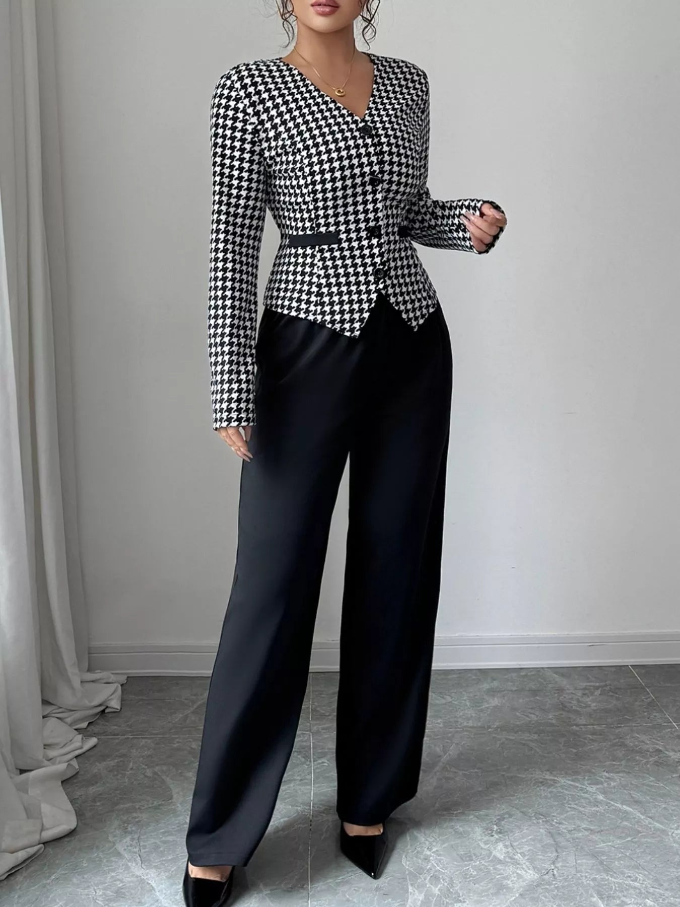 Houndstooth Blazer & Wide Leg Pants Set