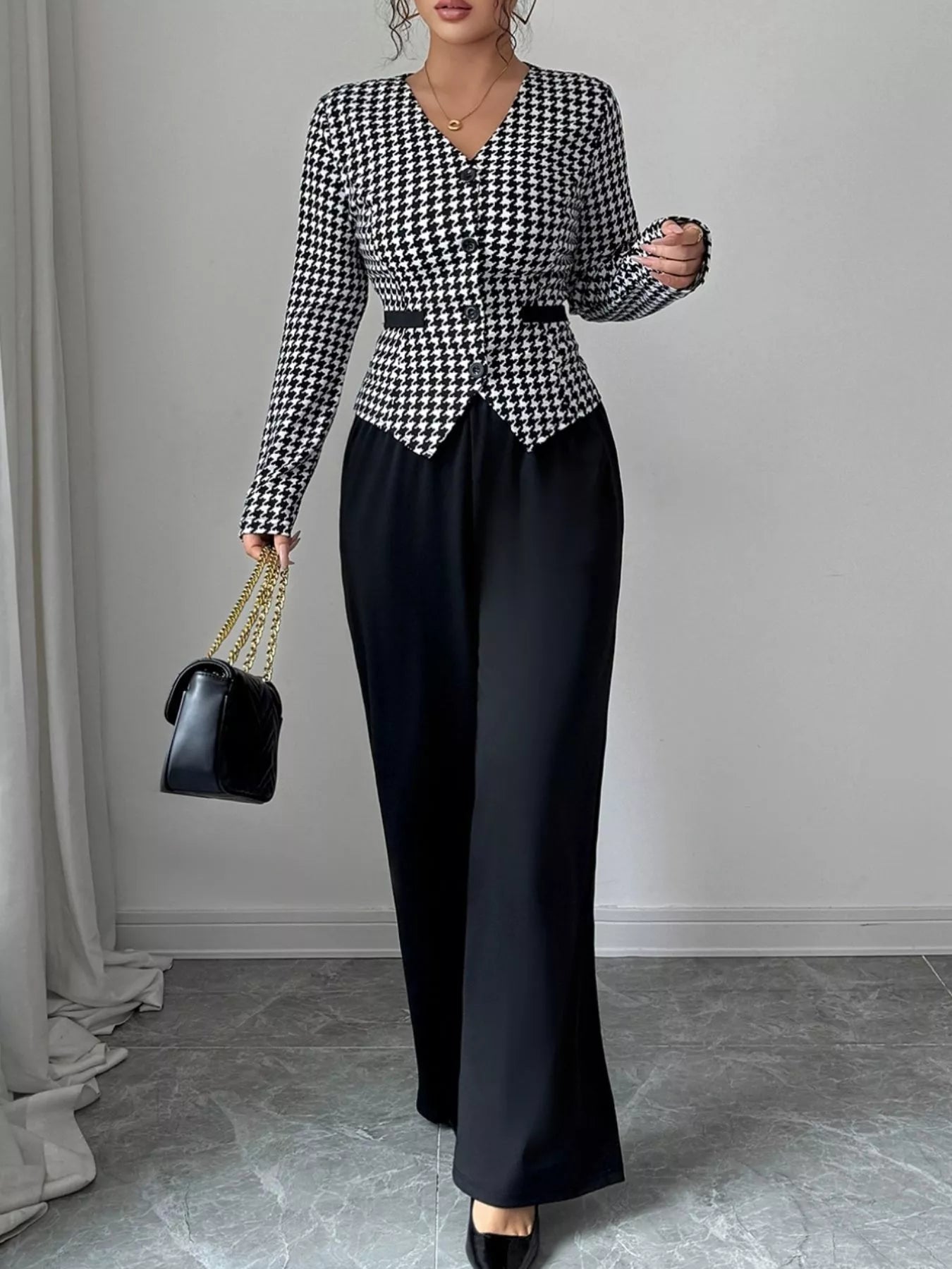 Houndstooth Blazer & Wide Leg Pants Set