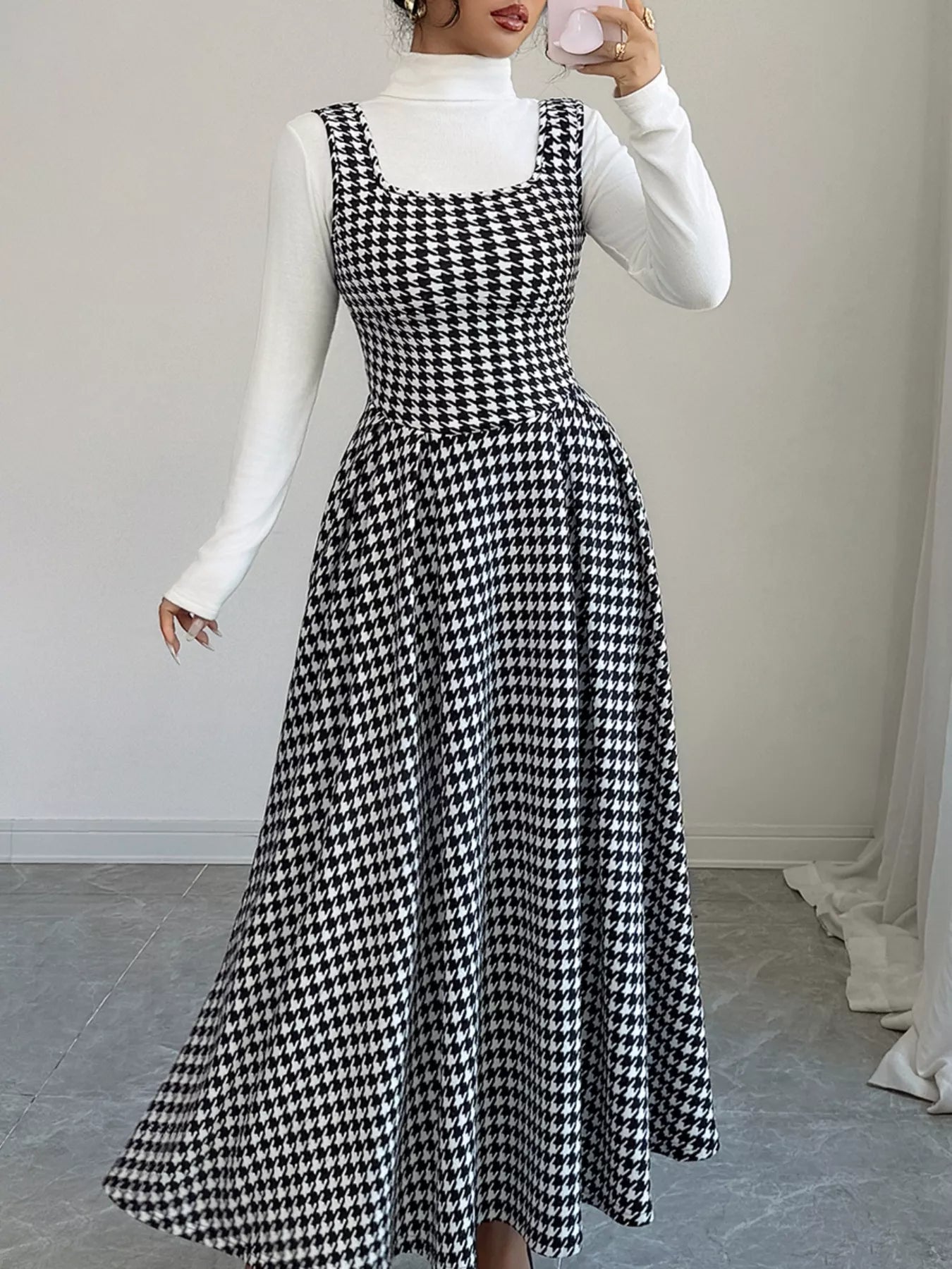 Houndstooth Sleeveless A-Line Dress Black / S