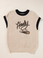 Howdy Cowboy Hat Embroidered Short Sleeve Sweater