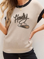Howdy Cowboy Hat Embroidered Short Sleeve Sweater Light French Beige / S