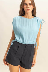HYFVE Bubble Hem Side Tie Detail Round Neck Sleeveless Blouse Mint Blue / S