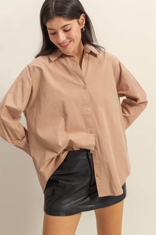 HYFVE Button Down Long Sleeve Shirt Tan / L