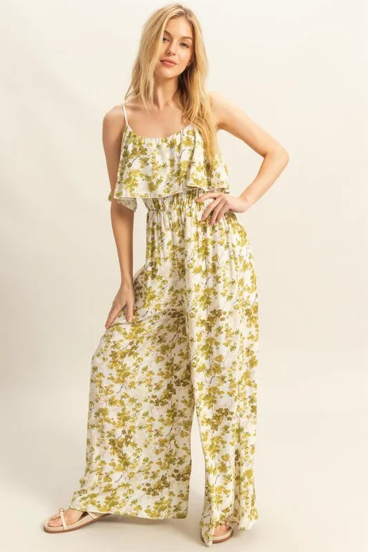 HYFVE Floral Print Spaghetti Strap Wide Leg Jumpsuit