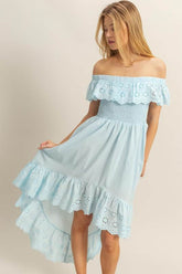 HYFVE High-Low Eyelet Ruffled Off-Shoulder Dress Pastel Blue / L