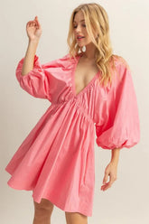 HYFVE Plunge Balloon Sleeve Poplin Mini Dress with Pockets Coral / L