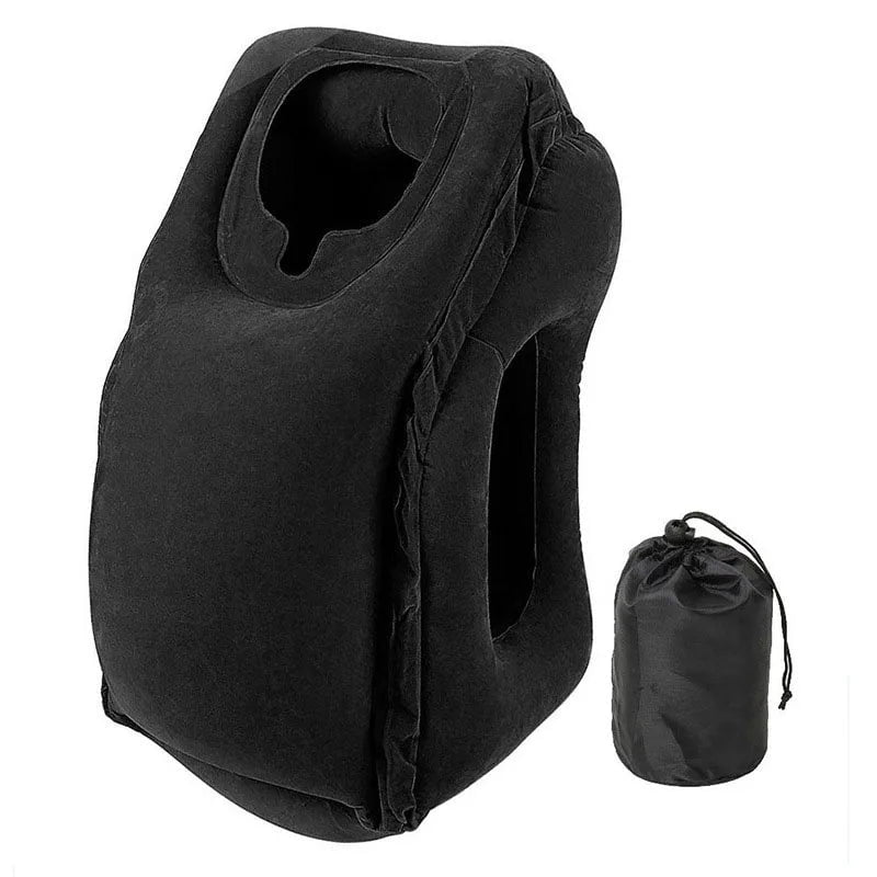 Inflatable Travel Pillow for Headrest and Chin Support Black