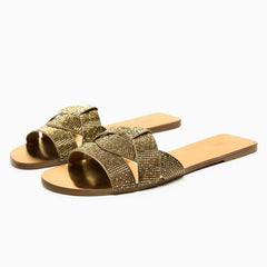 Interlocked Rhinestone Decorated Slip-on Flat Mules EU 34 / Gold