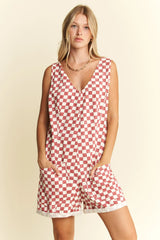 Jade By Jane Plus Size Back Tie Sleeveless Plaid Romper with Pockets RED / 1XL