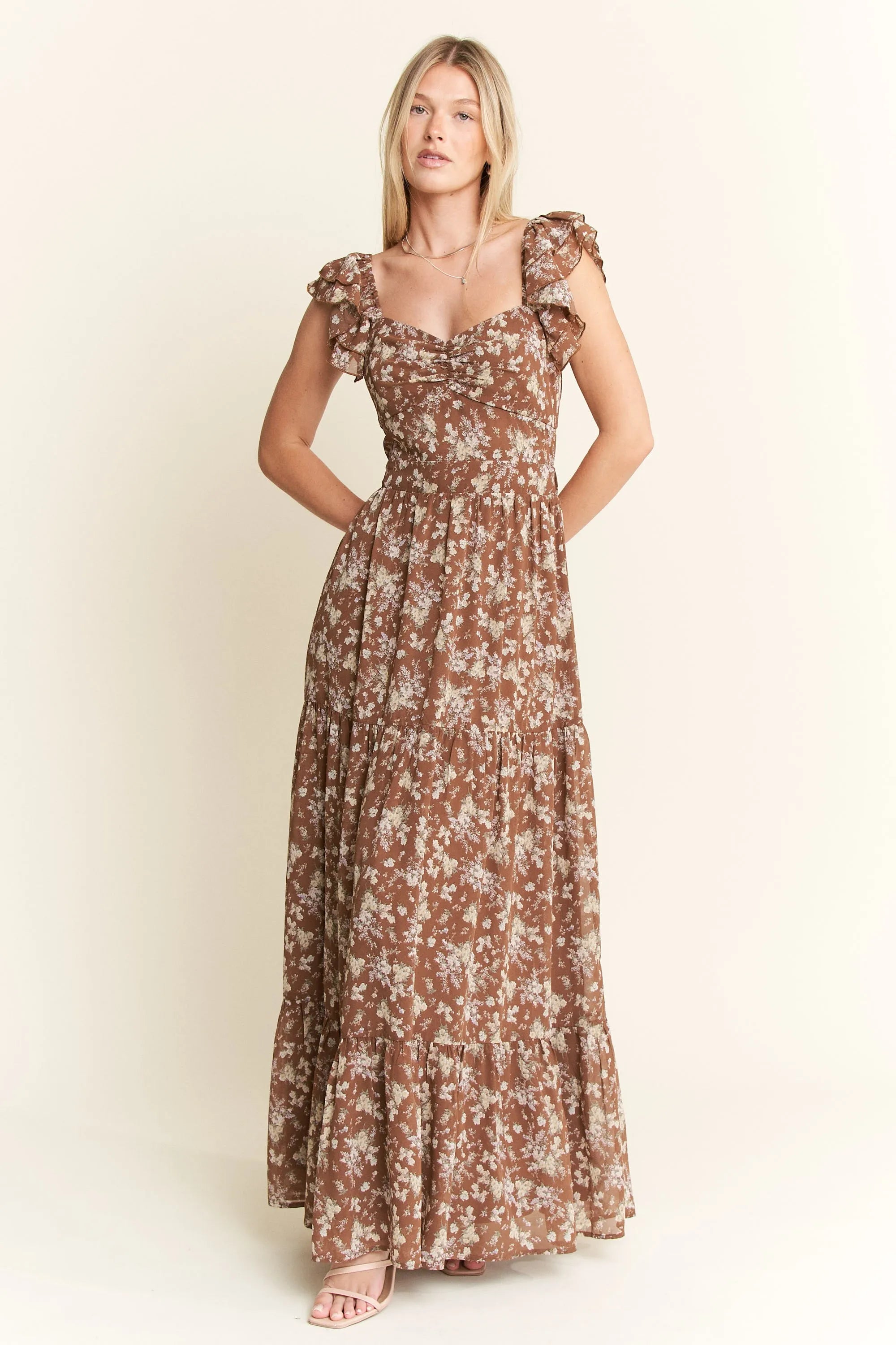 Jade By Jane Ruffle Sleeve Tiered Maxi Dress MOCHA / S