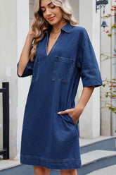 Johnny Collar Half Sleeve Denim Dress Dark / S