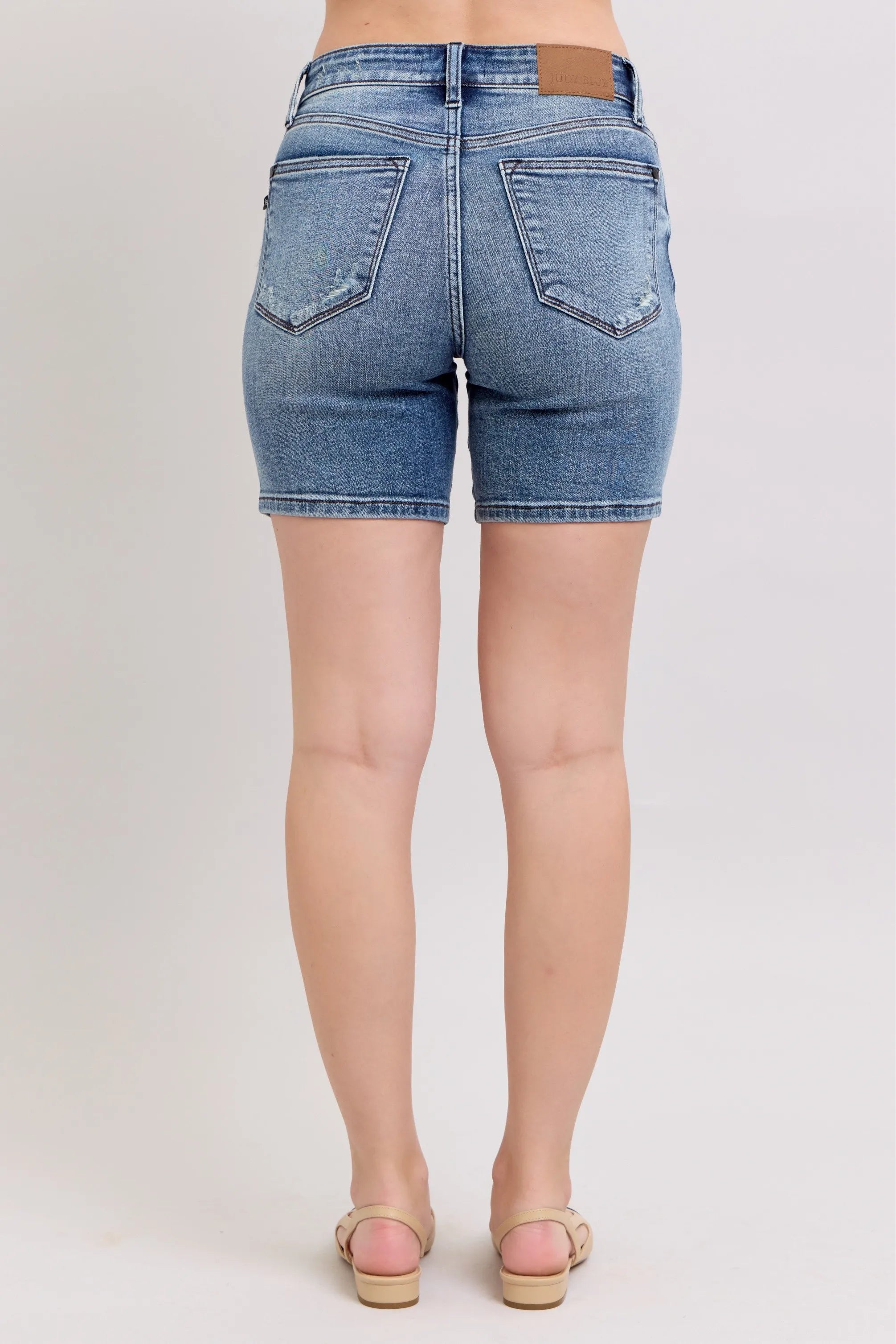 Judy Blue Button Fly Mid Length Denim Shorts W/ Destroy