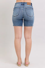 Judy Blue Button Fly Mid Length Denim Shorts W/ Destroy