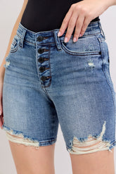Judy Blue Button Fly Mid Length Denim Shorts W/ Destroy MD / S