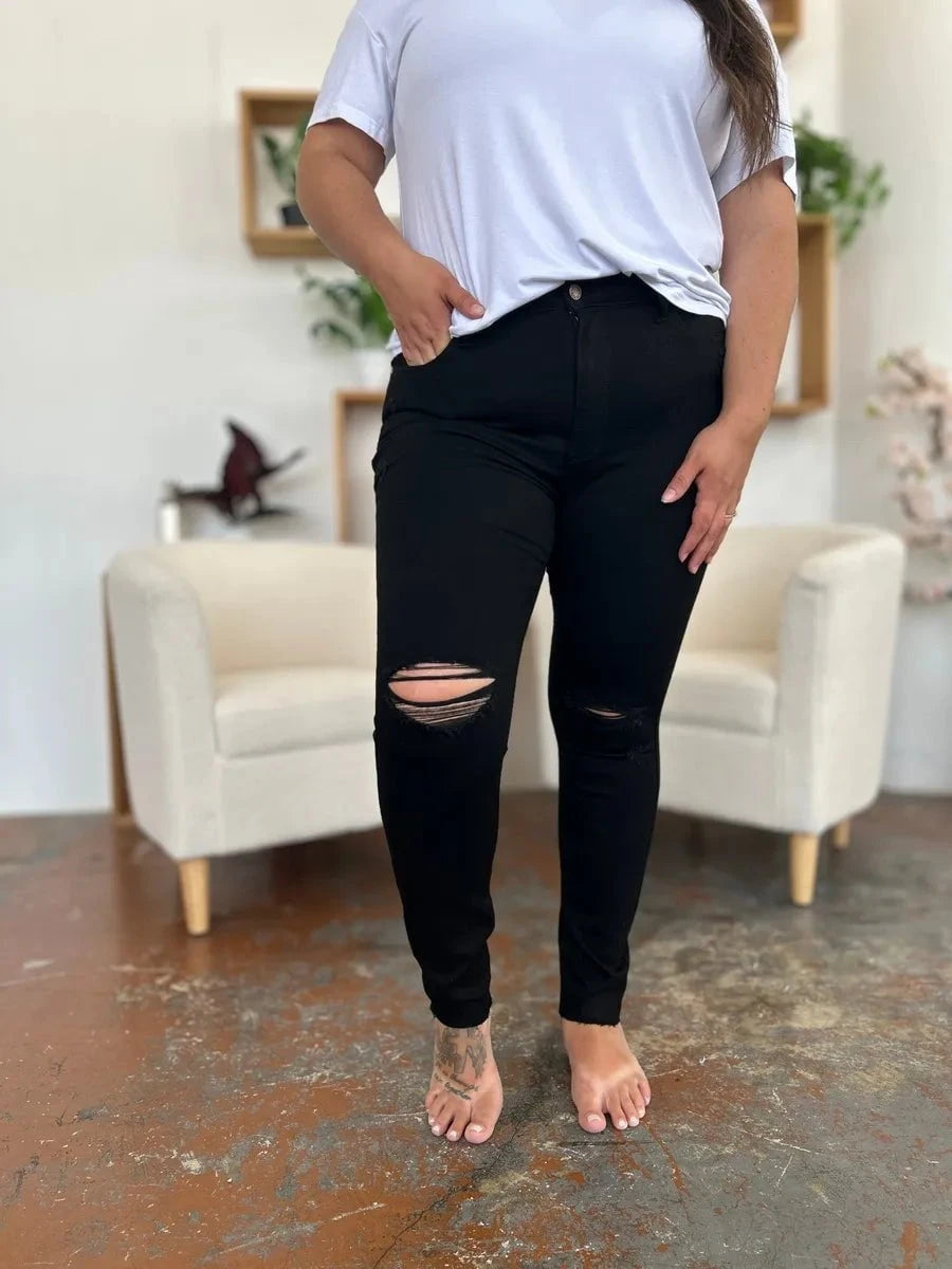 Judy Blue Full Size Distressed Tummy Control High Waist Skinny Jeans Black / 0