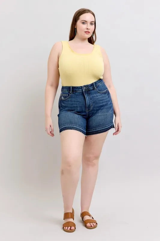 Judy Blue Full Size High Waist Tummy Control Destroy Release Hem Denim Shorts Plus Size