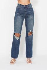 Judy Blue Full Size Hw Ripped Knee Dad Jeans Plus Size DK / 0(24)