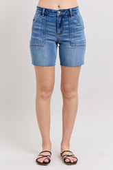 Judy Blue Full Size Mid Rise Bermudas Denim Shorts W/ Back Flap Pockets Plus Size MD / S