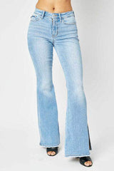 Judy Blue Full Size Mid Rise Raw Hem Slit Flare Jeans Medium / 1(25)