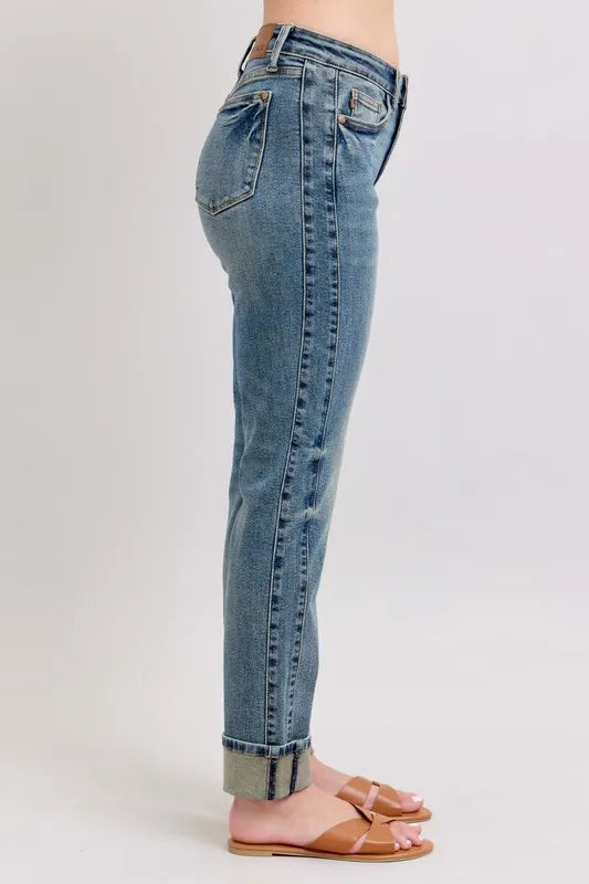Judy Blue Full Size Mid Rise Vintage Wash Double Roll Cuff Boyfriend Jeans Plus Size
